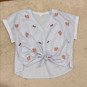 Tie Front Embroidered Flip Flop Light Blue Button-Up Dolman Blouse